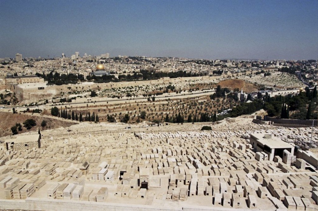 View from the top of Mount Olives towards the Old City of Jerusalem and the Temple Mount.